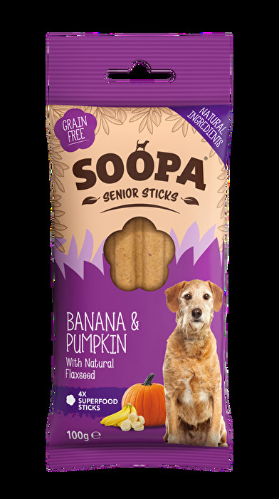 Die Kauknochen Banana & Pumpkin SENIOR von Soopa wurden extra für ältere Hund entwickelt.