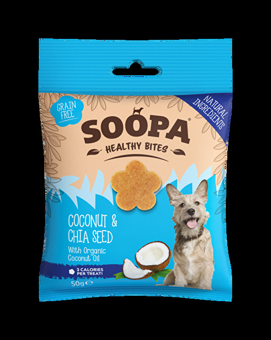 Hundedrops Healthy Bites Coconut & Chia Seed von Soopa: getreidefreie, hypoallergene Leckerbissen für Deinen Vierbeiner.