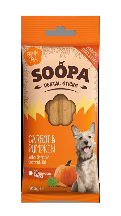 Die Kauknochen Dental Sticks Carrot & Pumpkin von Soopa sind ein perfektes Leckerlie für Deinen Hund. In dem Pack sind 4 kleine Kausticks mit Karotten und Kürbis enthalten.