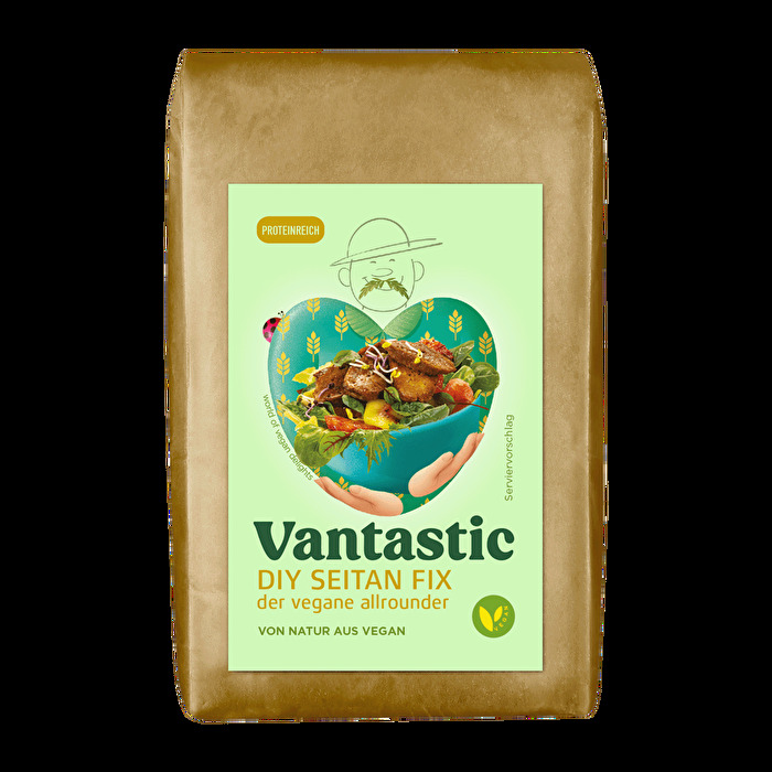 DIY Seitan Fix 250g im praktischen Haushaltsformat von Vantastic Foods macht die eigene Herstellung von Seitan zum Kinderspiel.