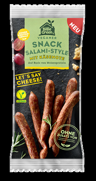 Die Snack Salami-Style mit Käsenote von Billie Green ist die perfekte, würzige Alternative für Käseliebhaber*innen. Traditioneller Geschmack trifft auf köstliche Käsenote.