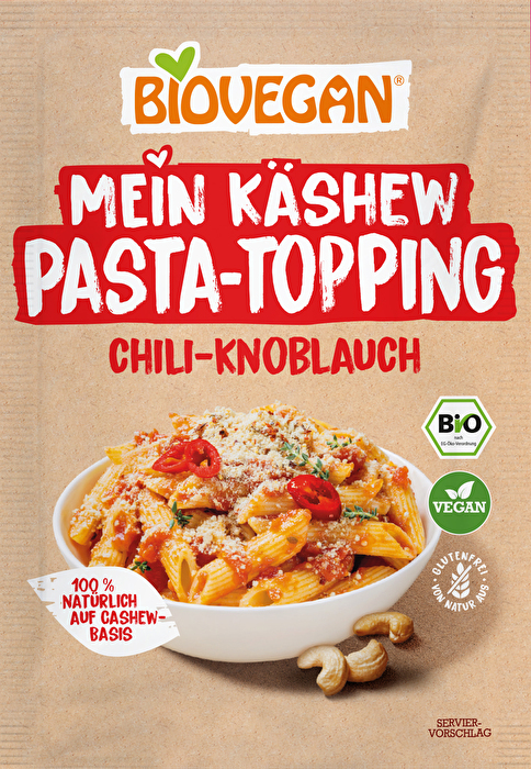 Das Mein Käshew Pasta-Topping Chili-Knoblauch von Biovegan kannst du wie geriebenen Parmesan verwenden.