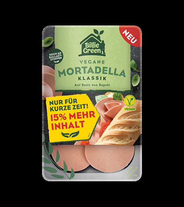 Hier kommt der vegane Mortadella Klassik+15% mehr Inhalt von Billie Green: Zarte Mortadella-Scheiben mit herzhaftem Biss und vollem Geschmack!