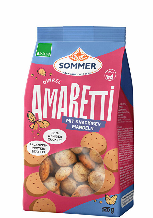 Dinkel Amaretti mit knackigen Mandeln von Sommer – Knusprige Leckerei mit Mandeln und fein gemahlenen Aprikosenkernen, die für das gewisse Extra sorgen. Rein pflanzlich und mit 50 % weniger Zucker – für bewussten Genuss!