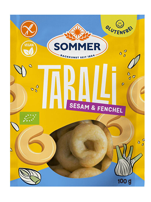 Glutenfreie Taralli Sesam & Fenchel von Sommer – Kleine, krosse Kringel aus besten Bio-Zutaten. Glutenfrei, vegan und aromatisch – der perfekte Snack für zwischendurch!