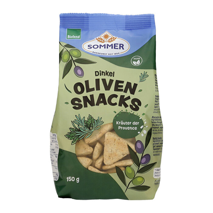 Dinkel Oliven-Snacks Kräuter von Sommer – Feinster Bio-Snack mit den Kräutern der Provence, wertvollem Dinkelmehl, aromatischen Oliven und hochwertigem Olivenöl. Perfekt für einen würzigen Genussmoment!