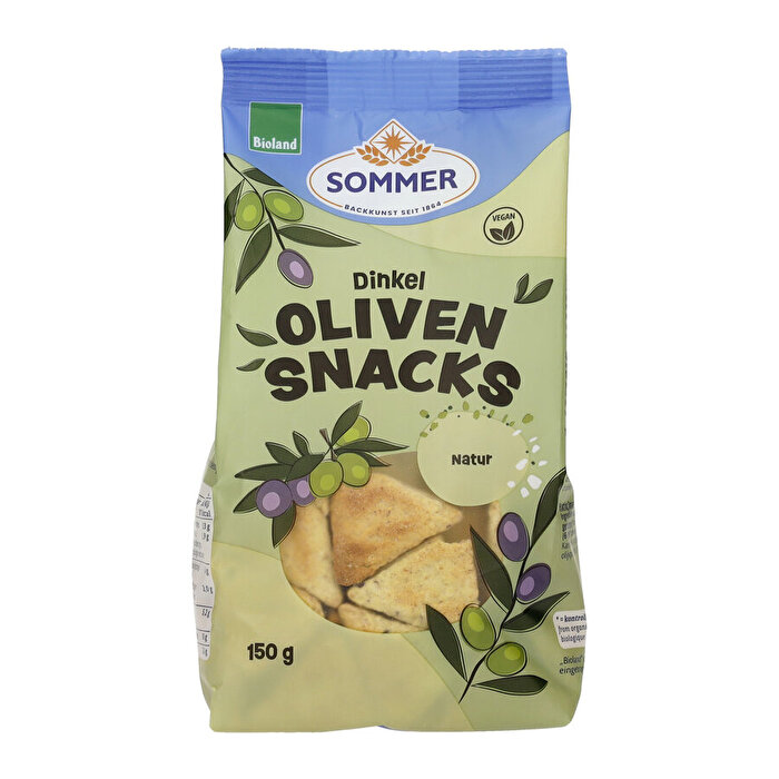 Dinkel Oliven-Snacks Natur von Sommer – Herzhaftes Knabbergebäck aus wertvollem Dinkel- und Gerstenmehl, aromatischen Oliven und hochwertigem Olivenöl. Natürlich rein pflanzlich und voller Geschmack!