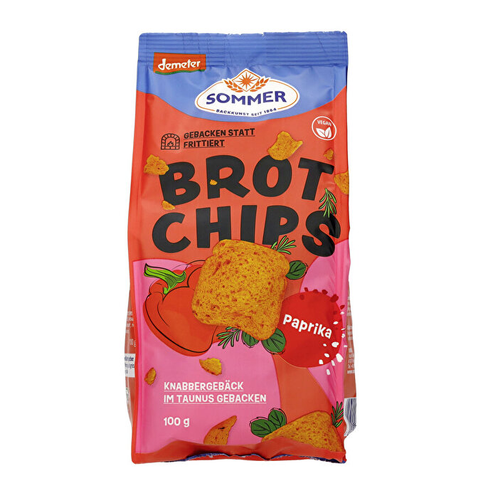 Brot Chips Paprika von Sommer – Pikante Mischung aus Chili, Paprika und aromatischen Kräutern. Der perfekte Snack, gebacken statt frittiert für einen knusprigen und intensiven Geschmack!