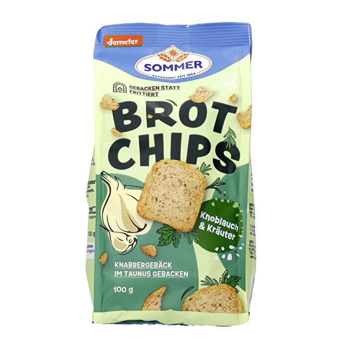 Brot Chips Knoblauch & Kräuter von Sommer – Knuspriger, würziger Snack mit delikatem Knoblauch und aromatischen Kräutern. Gebacken statt frittiert für einen besonders leichten Genuss!