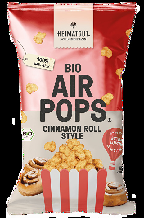 Die Bio AirPops Cinnamon Roll Style von Heimatgut – luftig-leichtes Popcorn mit dem zimtig-süßen Geschmack des beliebten Gebäcks. Ohne harte Schalen, ohne Zusatzstoffe – einfach unvergleichlich lecker!