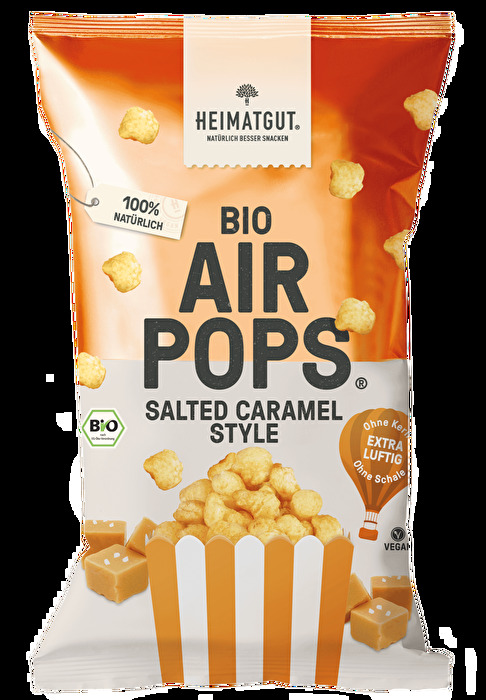 Die Bio AirPops Salted Caramel Style von Heimatgut – luftig gepopptes Popcorn mit knuspriger Schale und zartem Kern. Ganz ohne Schalenteile und Zusatzstoffe, bietet es den perfekten süß-salzigen Kick für puren Snack-Genuss!