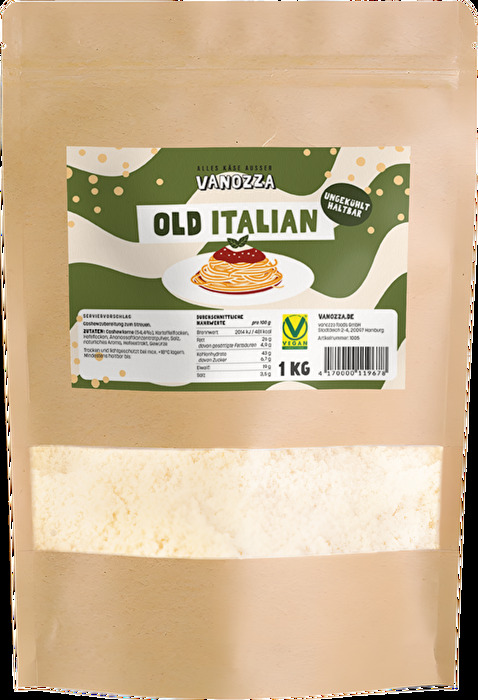 OLD ITALIAN von VANOZZA – der vegane Hartkäse-Ersatz überzeugt mit dem würzigen Aroma eines gereiften Käses. Bereits gerieben, ist er ideal für Pesto, Salate, Risotto und Pasta.