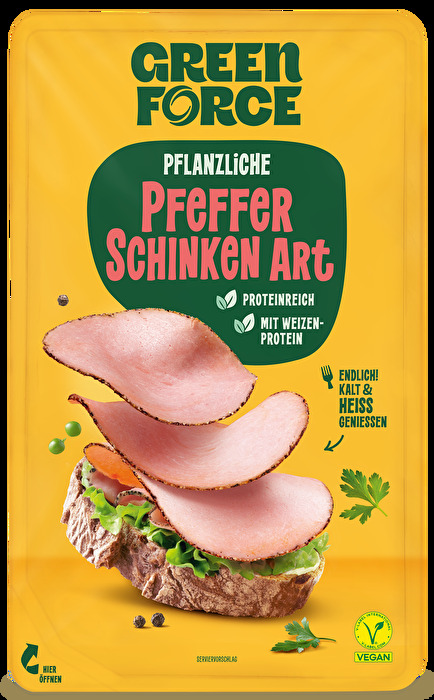 Pflanzliche Pfeffer Schinken Art von GREENFORCE – Leicht würzig, delikat und voller Geschmack! Ob kalt als Brotbelag oder heiß auf Pizza und Toast – diese pflanzliche Alternative überzeugt mit ihrem authentischen Geschmack und vielseitigen Einsatzmöglichkeiten.