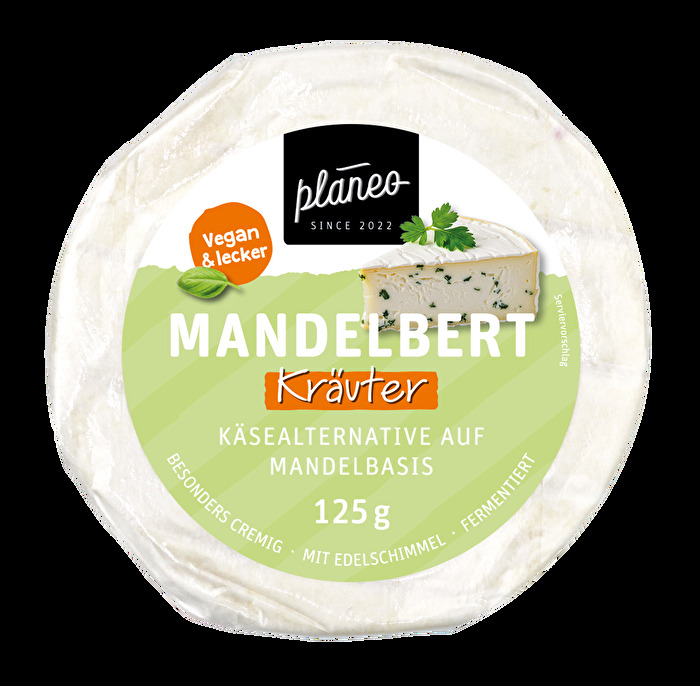 Der Mandelbert Kräuter von planeo - der ideale vegane Camembert für alle Liebhaber des frischen Schmelzes! Der zart schmelzende Camembert auf Mandelbasis wurde mit milden Kräutern im mediterranen Stil verfeinert.