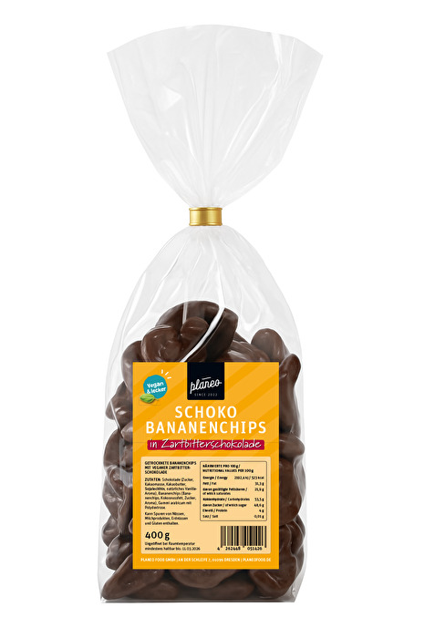 Die Schoko Bananenchips von planeo sind der ideale Snack für alle, die Frucht und Schokolade lieben.