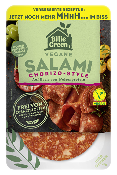 Die vegane Salami Chorizo-Style von Billie Green bringt dir spanisches Flair auf den Teller.