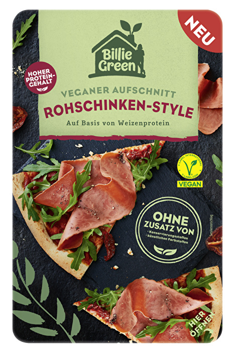 Der vegane Aufschnitt Rohschinken-Style von Billie Green überzeugt mit seinem authentisch-aromatischen Geschmack und hauchdünne Scheiben.