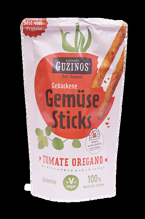 Mit dem Guzman's Guzinos gebackene Gemüsesticks Tomate Oregano ist das schlechte Gewissen beim Knabbern Geschichte.