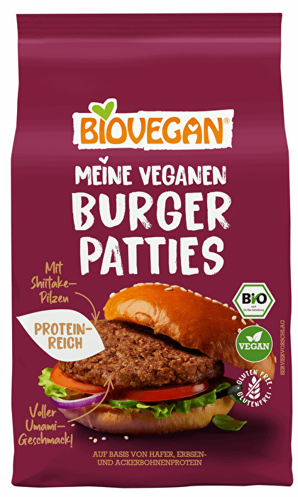 Meine veganen Burger Patties von Biovegan ist eine vegane Burger-Mischung auf Basis von Erbsen-, Hafer- und Ackerbohnenprotein ´mit einer klassischen Gewürzmischung und geräucherten Shiitake-Pilzen.