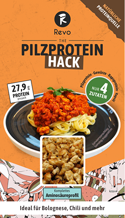 The Pilzprotein-Hack von Revo Foods ist die nächste Generation pflanzlicher Hackalternativen: Es besteht zu 89 % aus fermentiertem Pilzprotein und überzeugt mit einem hohen Gehalt an Eiweiß und Ballaststoffen.