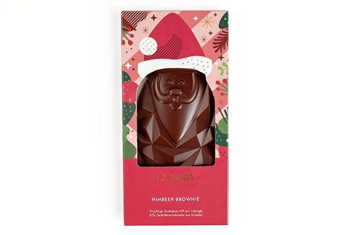 Die Santa Weihnachtsmanntafel Himbeer Brownie von La Mara ist ein kleines, aber feines Stück an veganer Schokoladenkunst.