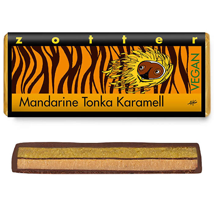 Bei Mandarine Tonka Karamell von Zotter trifft bestes Marzipan auf karamellisierten Zucker und Mandarine.