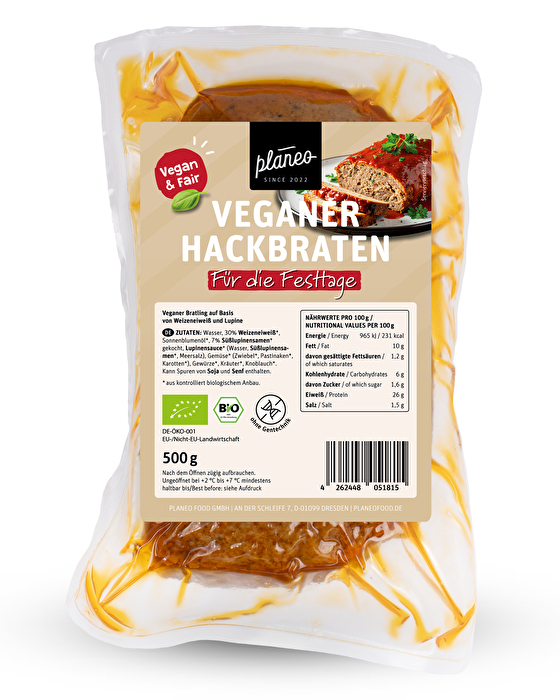 Der neue vegane Hackbraten von planeo kommt in Bio-Qualität daher, ist schnell zubereitet und enthält Süßlupinen, Zwiebeln, Pastinaken und Karotten.