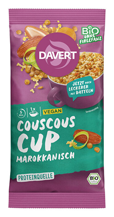 Der Couscous Cup Marokkanisch von Davert bringt dir in wenigen Minuten den Geschmack aus 1001 Nacht direkt nach Hause, ins Büro oder überall dorthin, wo du heißes Wasser zur Verfügung hast.