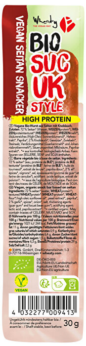 Der Sucuk Snacker von Wheaty ist eine kräftig gewürzte vegane Wurst nach Vorbild der bekannten türkischen Sucuk-Wurst.