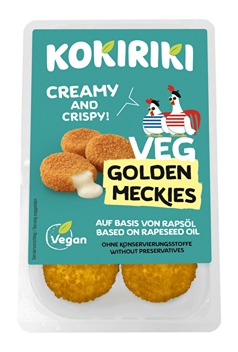 Die Vegane Golden Meckies von Kokiriki sind 8 Mini-Backtaler auf Basis von Weizen und Rapsöl.