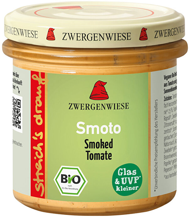 Der Brotaufstrich Smoto von Zwergenwiese kommt unglaublich tomatig daher. Mit einem Tomatenmarkanteil von 18% ist er der perfekte Aufstrich für Tomatenfreunde.