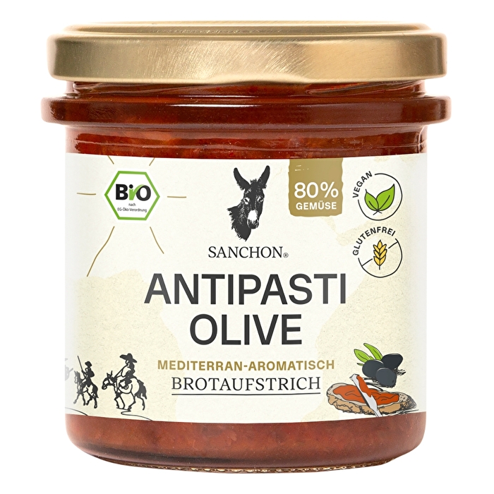 Der Antipasti Aufstrich Olive von Sanchon ist ein mediterran-aromatischer Brotaufstrich mit einem Gemüseanteil von 84 %.