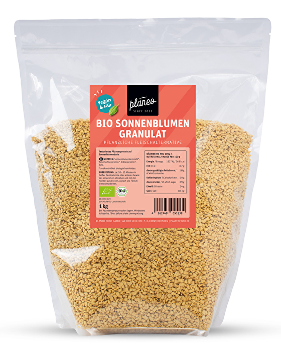 Das Sonnenblumen Granulat 1kg von planeo ist eine gelungene Abwechslung zum sojabasierten Granulat.