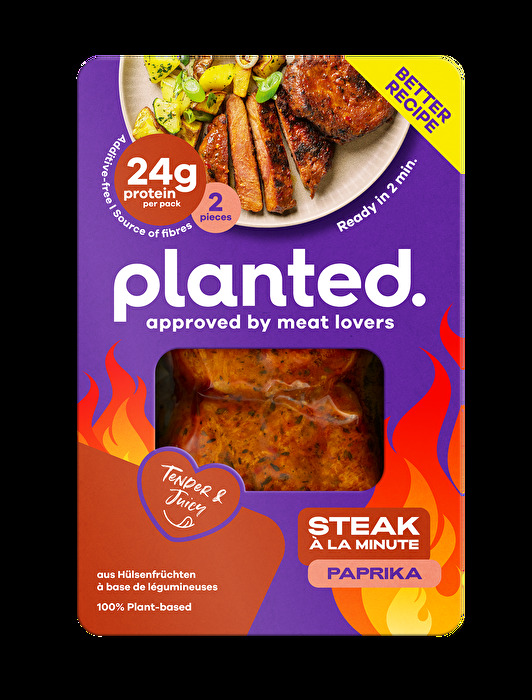 Steak Paprika von planted. - Würzig, saftig, 100 % pflanzlich. Dieses Steak bringt ordentlich Geschmack auf den Teller: zart wie Rinderfilet, verfeinert mit einer herrlich rauchigen Paprikamarinade.