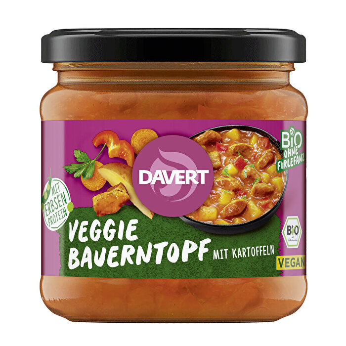 Der Veggie Bauerntopf mit Kartoffeln von Davert mit Erbsenprotein-Chunks ist schnell zubereitet.