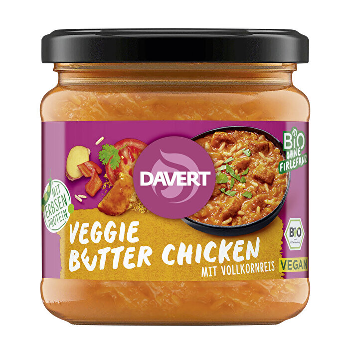 Das Veggie Better Chicken mit Reis von Davert ist reich an Erbsenprotein-Chunks.