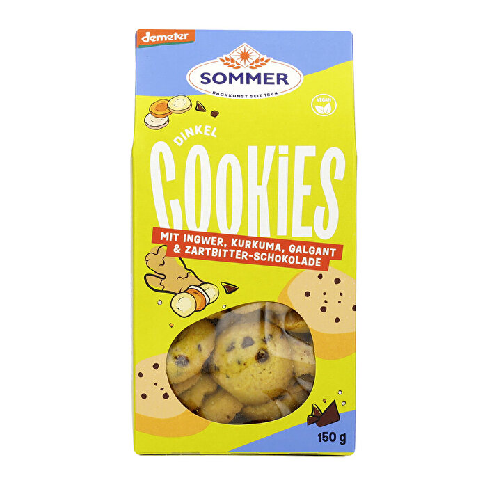 Die Dinkel Cookies mit Ingwer von Sommer enthalten unter anderem Ingwer, Kurkuma, Galgant und Schokolade.