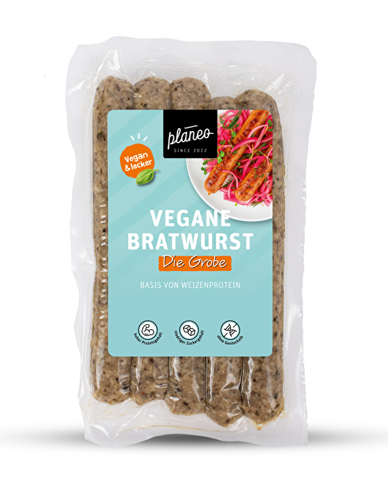 Die Grobe Vegane Bratwurst von Planeo ist verfeinert mit Majoran.