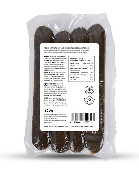 Die vegane Blutwurst von planeo ist einzigartig und super lecker, auf Basis von Gerste und Bohnen.