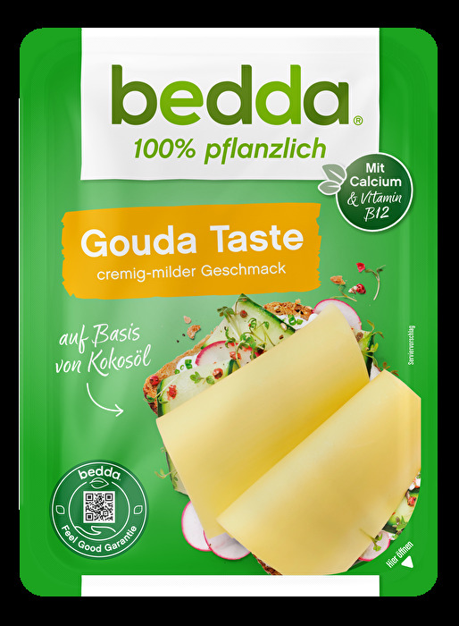 Die Scheiben Gouda Taste von Bedda sind eine milde pflanzliche Käsealternative für Deine vegane Brotzeit.