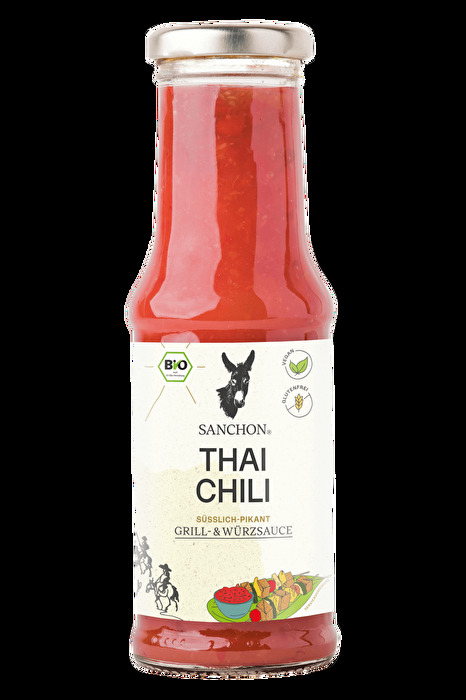 Die vegane Asiasauce Thai Chili von Sanchon in Bio-Qualität besticht durch ihre traditionelle süß-scharfe Würze und passt natürlich ausgezeichnet zu Frühlingsrollen, Tofu, Gemüse und allerlei Nudelgerichten.
