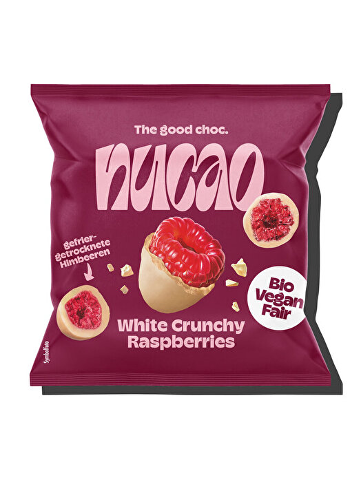 Die White Crunchy Raspberries von Nucao überzeugen mit einem knusprigen Kern aus Himbeere umhüllt von veganer weißer Schokolade.