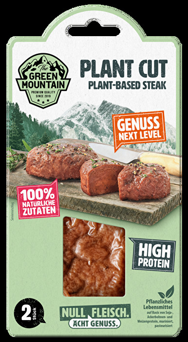 Das Plant Cut Steak von The Green Mountain auf Basis von Soja-, Ackerbohnen- und Weizenprotein überzeugt mit seinem aromatischen Geschmack und hohen Proteingehalt.