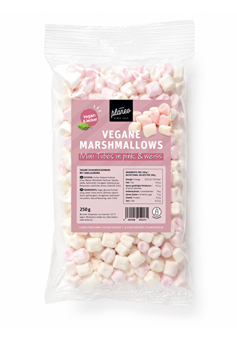 Egal ob zum Naschen, als Topping oder zum Garnieren, die Veganen Marshmallows Mini pink & weiß von planeo sind der perfekte Leckerbissen!