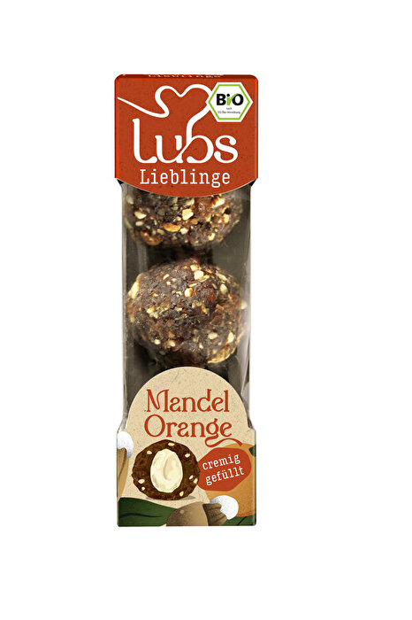 Die Lieblinge Mandel Orange von Lubs kombinieren die natürliche Süße von Datteln mit einer fruchtigen Orangencreme-Füllung zu einem harmonischen Geschmackserlebnis.