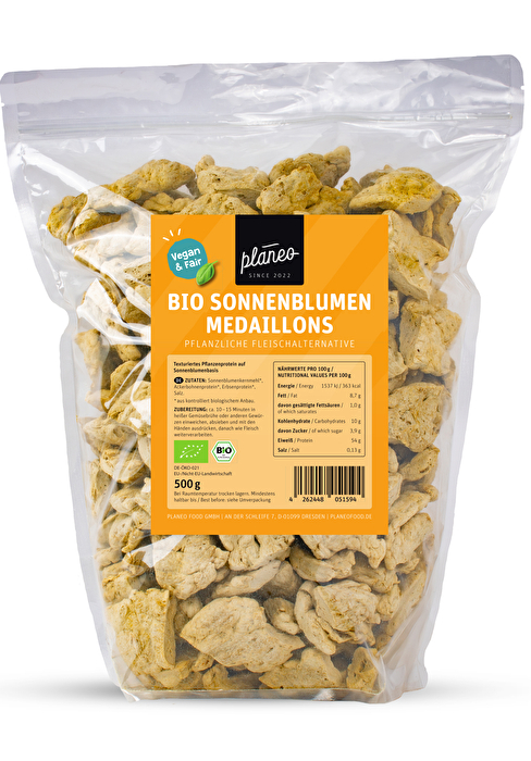 Die BIO Sonnenblumen Medaillons 500g von planeo sind der ideale, vegane Fleischersatz, wenn du auf Soja und Seitan verzichten willst.