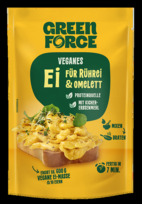 Mit dem veganes Ei - Trockenmix von Greenforce auf Basis von Ackerbohnenmehl gelingen pflanzliche Frühstücks- und Kochklassiker besonders einfach.