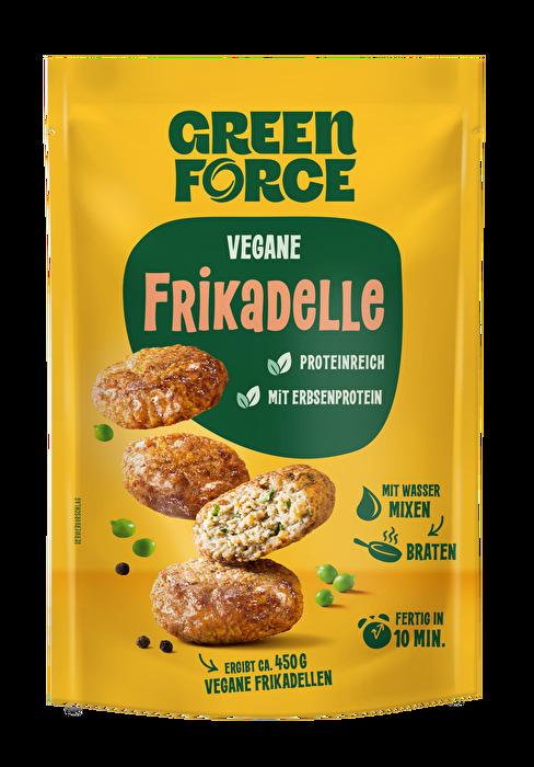 Der vegane Frikadelle - Trockenmix von Greenforce auf Basis von Erbsenprotein macht die Zubereitung herzhafter Frikadellen besonders einfach.