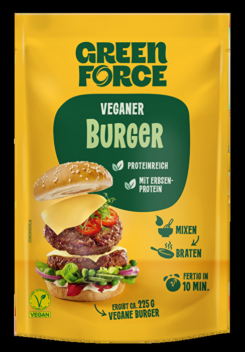 Mit dem veganer Burger-Trockenmix von Greenforce auf Basis von Erbsenprotein gelingen saftige Patties schnell und unkompliziert.