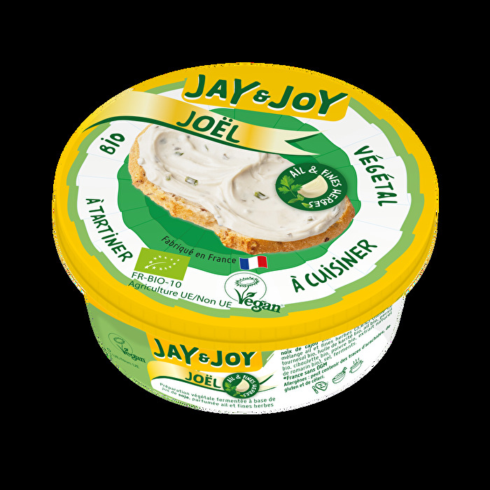 Joël von Jay & Joy ist eine pflanzliche Alternative zu Kräuterfrischkäse und überzeugt mit seiner cremigen Konsistenz und einem fein abgestimmten Geschmack aus aromatischem Knoblauch und ausgewählten Kräutern